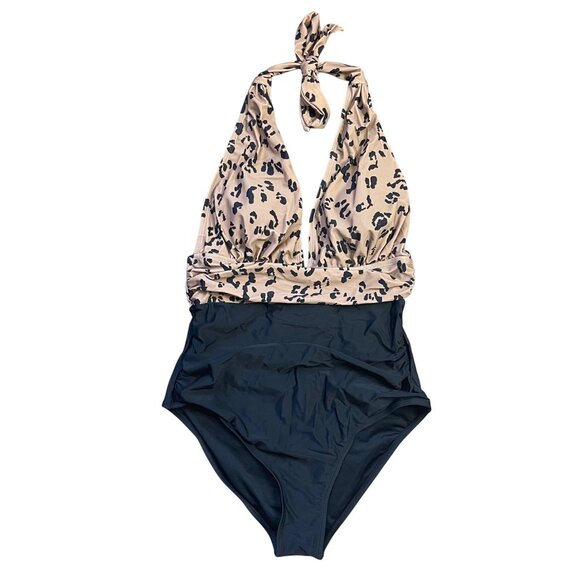 CUPSHE Leopard Print Plunge Halter Tummy‎ Control One Piece Swimsuit Medium NEW - Picture 1 of 11